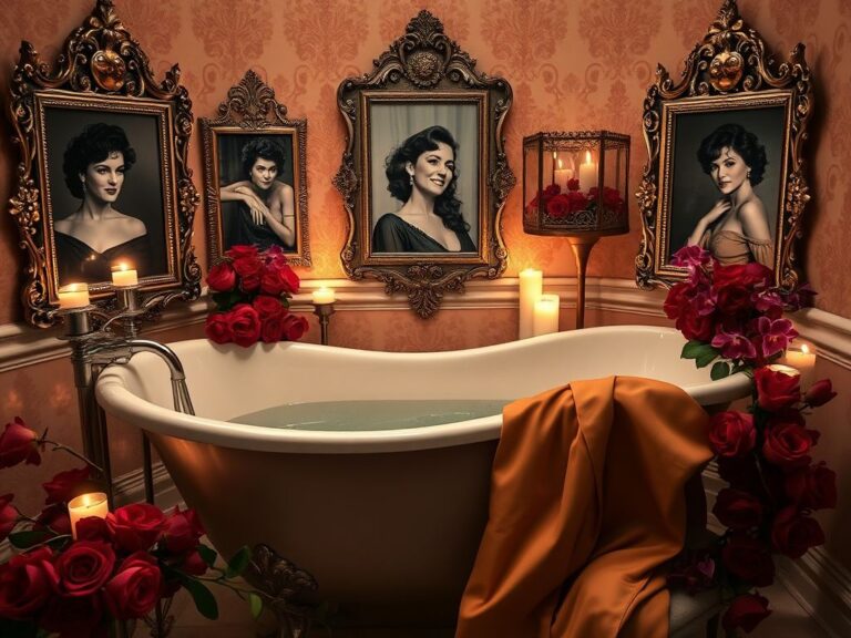 Flick International A luxurious vintage bathtub surrounded by photographs of Elizabeth Taylor and Richard Burton evoking romance.