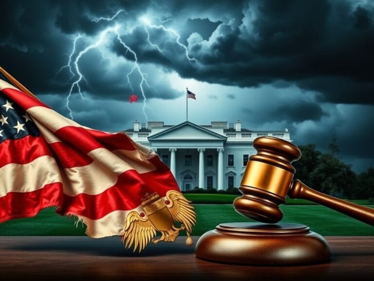 Flick International Abstract representation of political tension with a tattered U.S. flag and a polished gavel