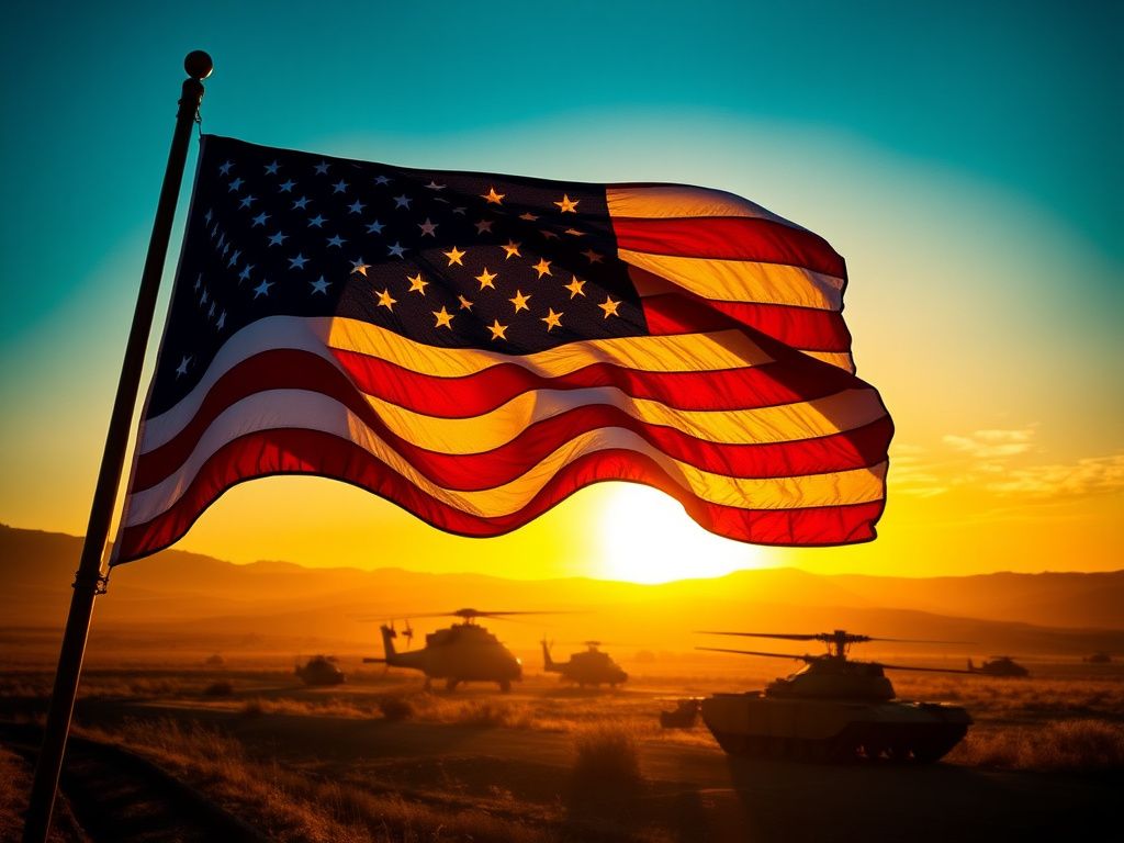 Flick International American flag waving gently in the foreground with a military base in the background at sunrise
