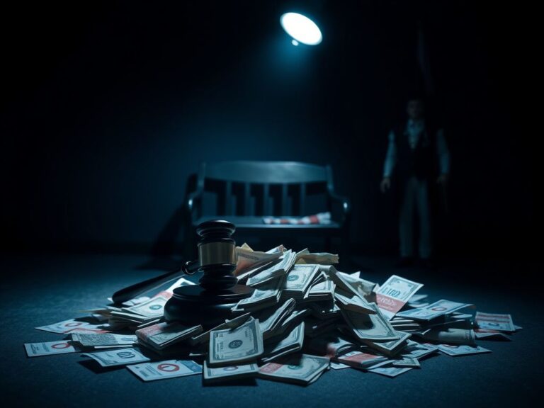 Flick International Pile of cash and political materials symbolizing corruption with a gavel and a courtroom background