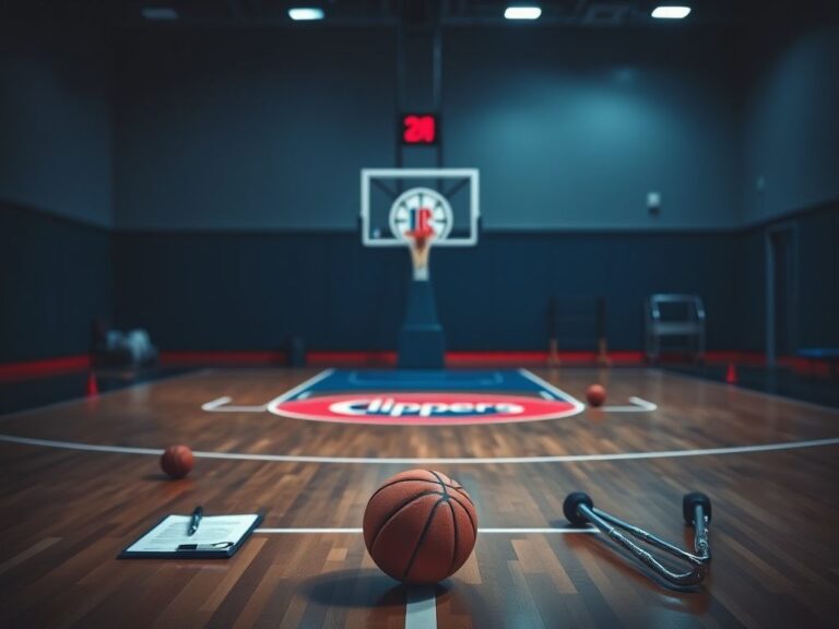 Flick International A partially empty basketball court featuring the Los Angeles Clippers logo, symbolizing the absence of All-Star guard Bradley Beal