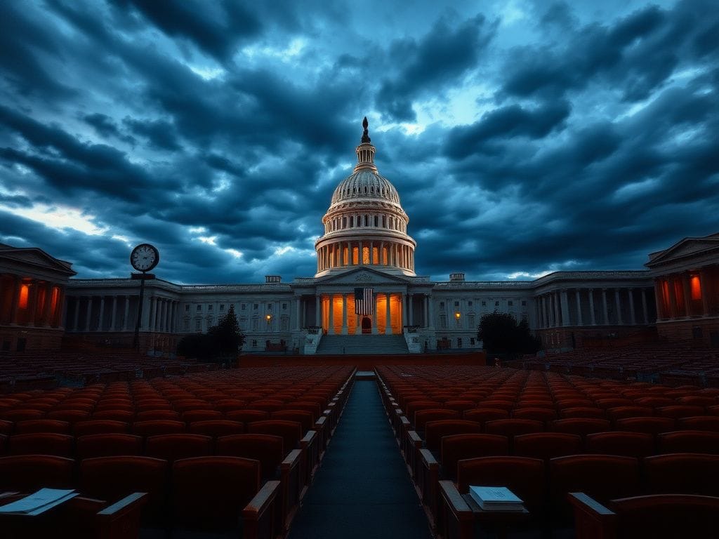 Flick International Dramatic view of the U.S. Capitol building under a cloudy twilight sky, symbolizing tension and uncertainty.