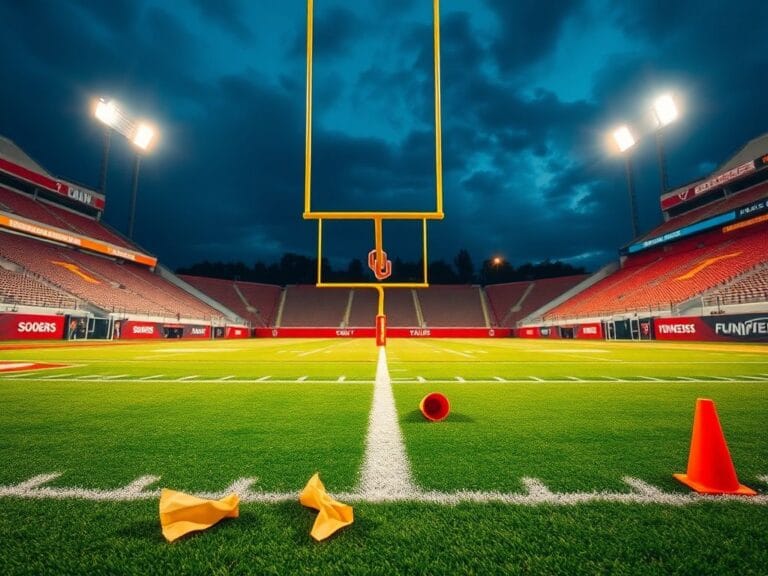 Flick International Outdoor football stadium with vibrant lights and Oklahoma Sooners field during a night game
