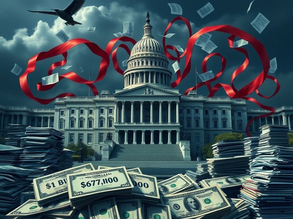 Flick International A detailed view of an opulent government building symbolizing bureaucracy with cash and documents