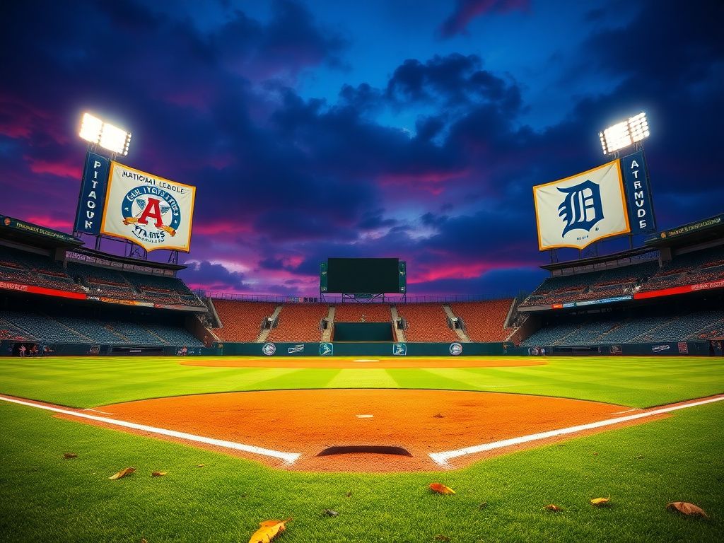 Flick International Dynamic baseball diamond with infield glistening under stadium lights and Cy Young Award banners