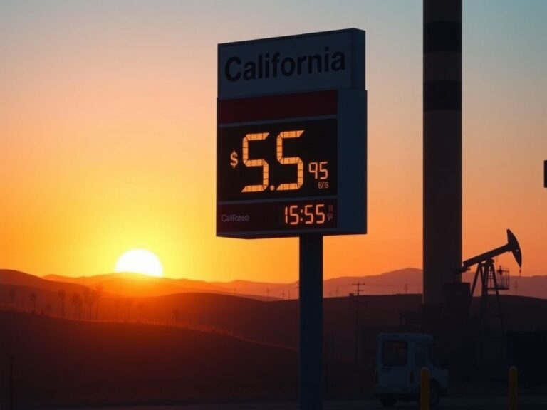 Flick International Dramatic scene of a California gas station displaying prices over $5 per gallon amidst a sunset landscape.