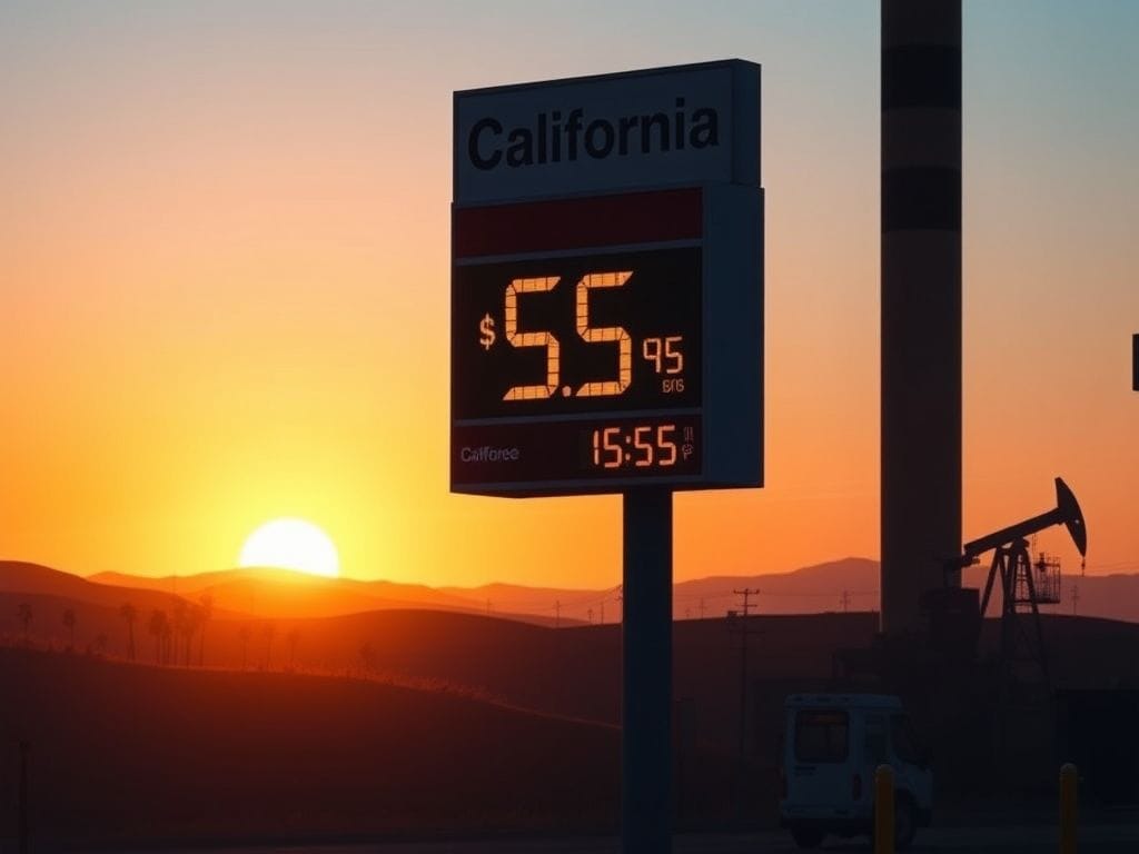 Flick International Dramatic scene of a California gas station displaying prices over $5 per gallon amidst a sunset landscape.