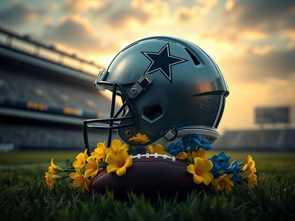 Flick International Dallas Cowboys football helmet on a memorial display surrounded by flowers