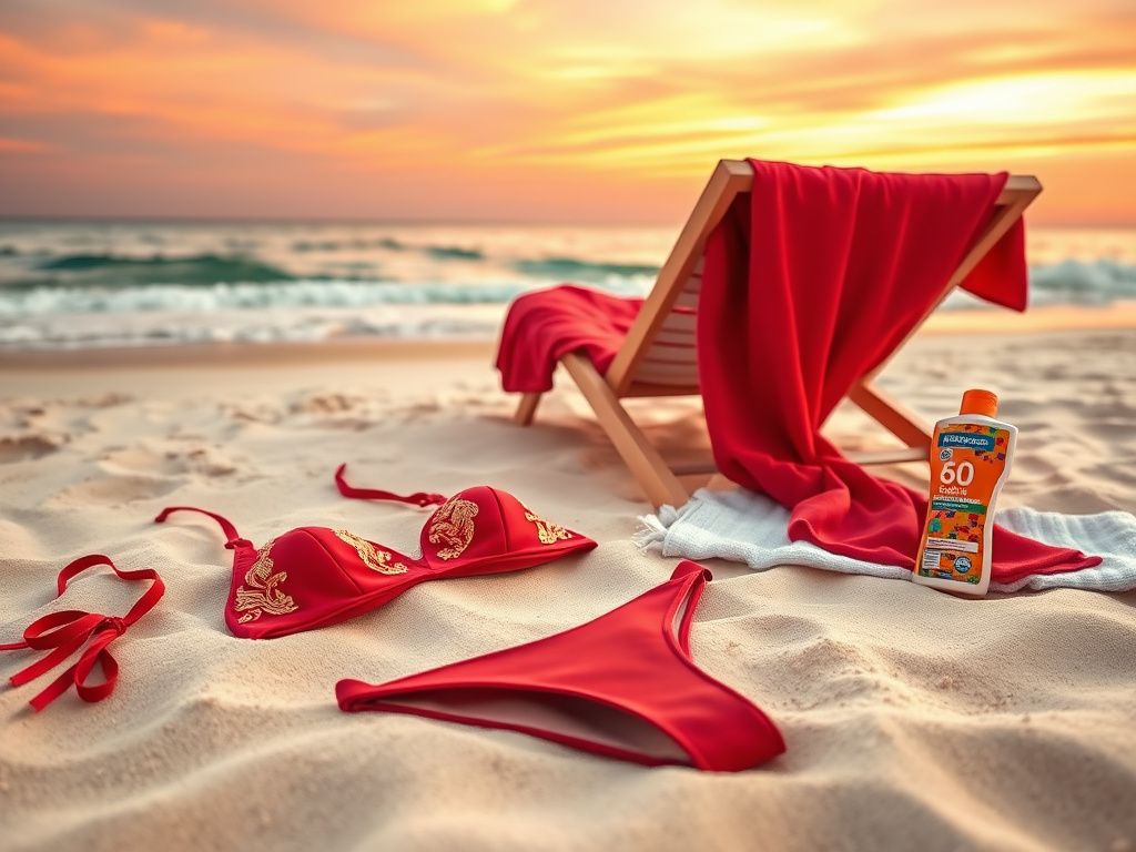 Flick International Stunning red bikini with gold detailing displayed on a beach chair