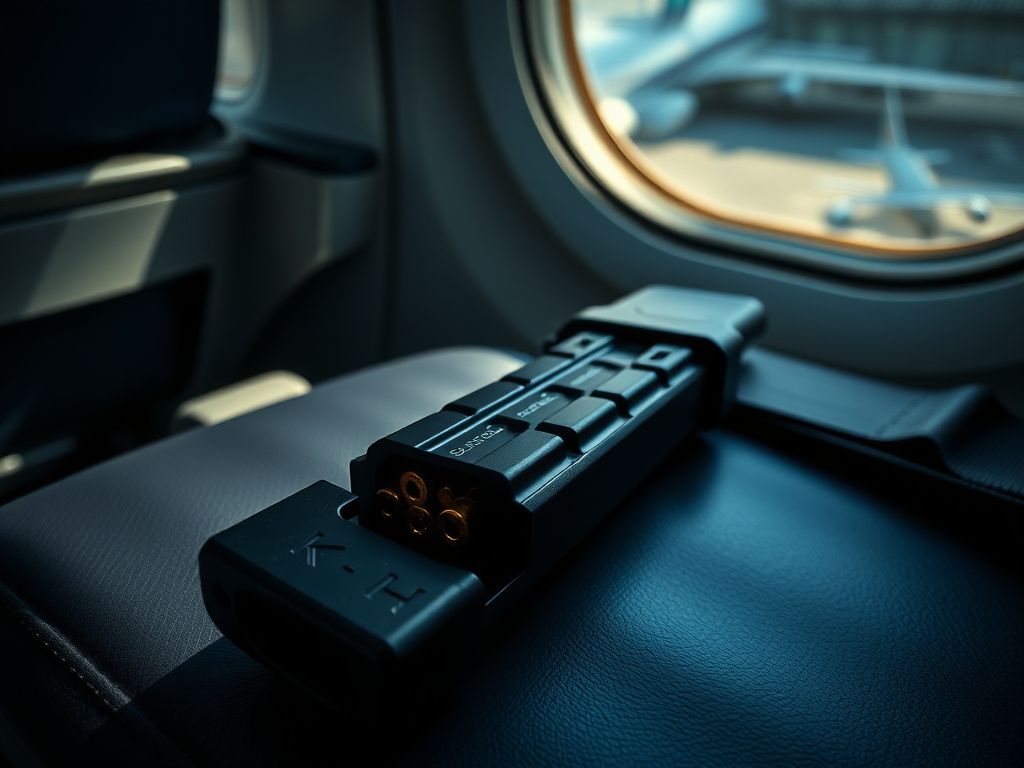 Flick International Close-up of a loaded gun magazine with hollow point rounds on an airplane seat
