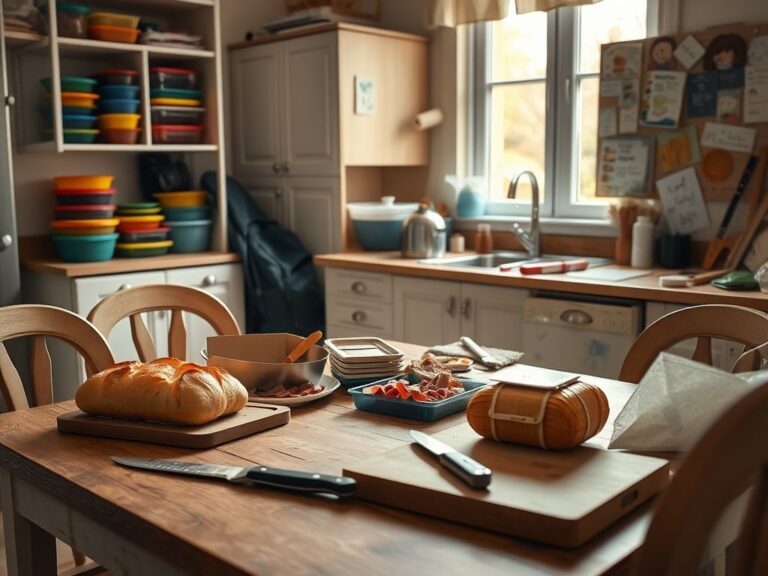 Flick International A cluttered kitchen scene with lunch-making items and children's drawings