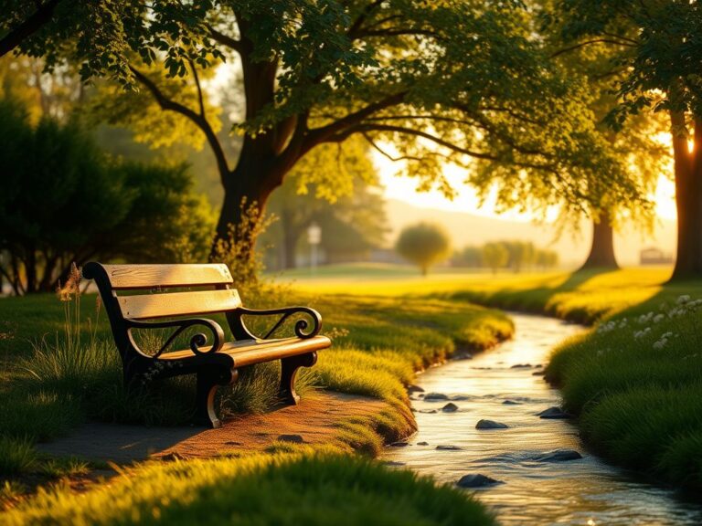 Flick International Tranquil park scene with a rustic wooden bench surrounded by lush greenery