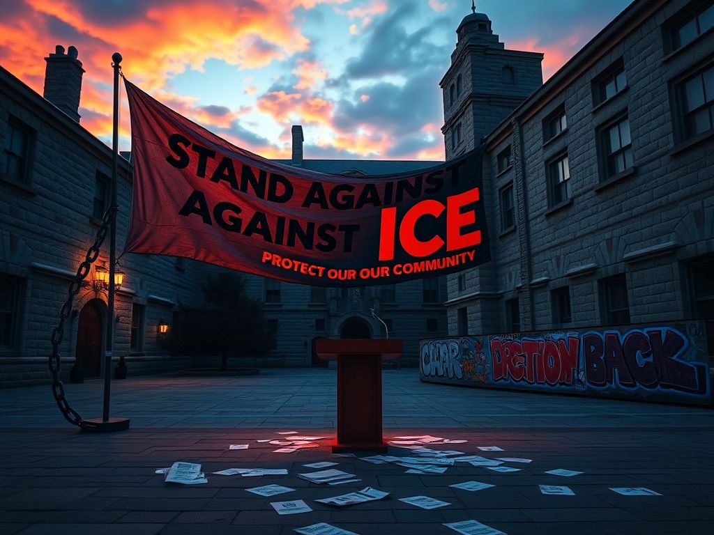 Flick International Empty university courtyard at dusk with a defiant banner against ICE raids.