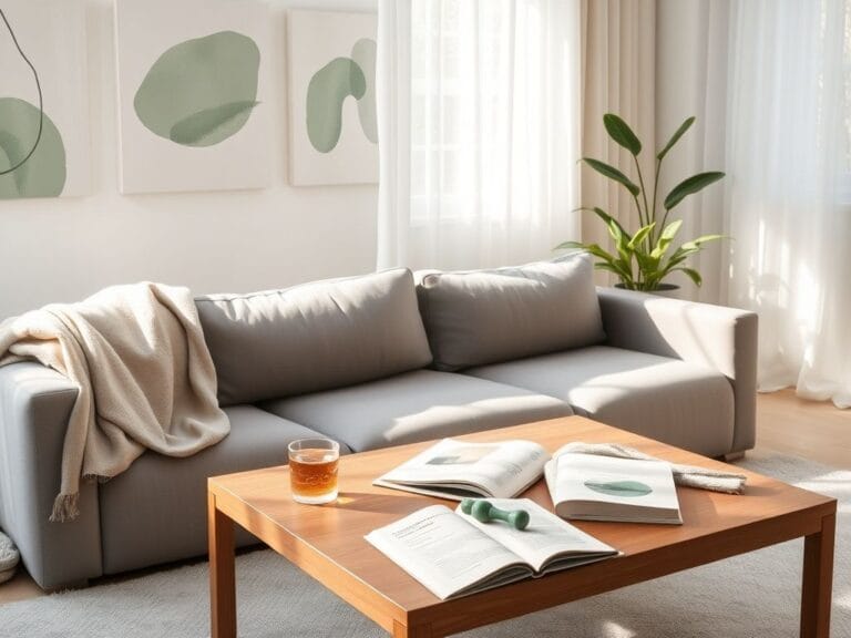 Flick International A serene wellness space featuring a gray sofa and calming decor