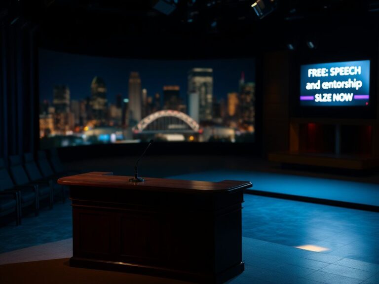 Flick International Dimly lit television studio set for a late-night talk show, featuring a prominent wooden desk and muted news headline on a screen, symbolizing media freedom.