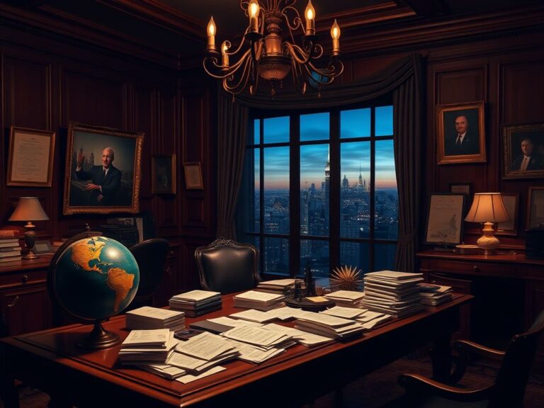 Flick International Dimly lit study with a wooden desk and political briefings, symbolizing intrigue