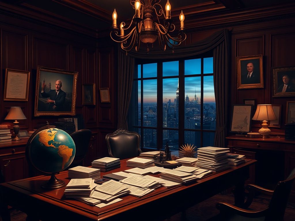Flick International Dimly lit study with a wooden desk and political briefings, symbolizing intrigue