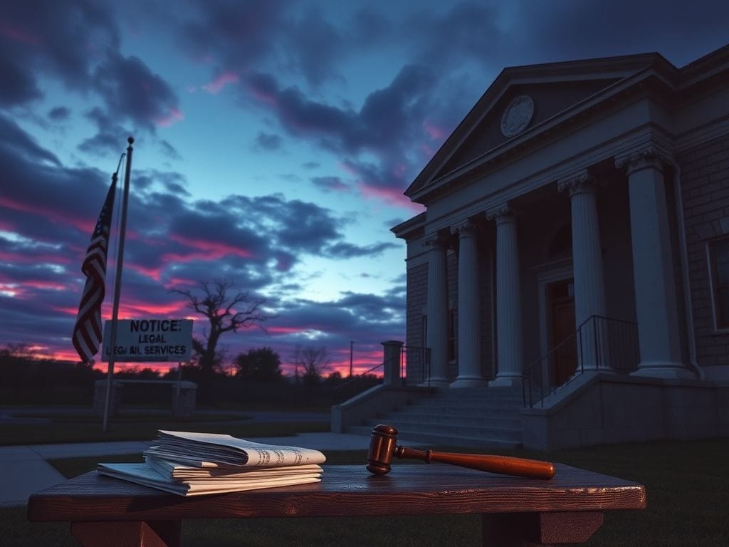 Flick International Exterior of a somber courthouse at dusk with a weathered wooden bench and legal documents