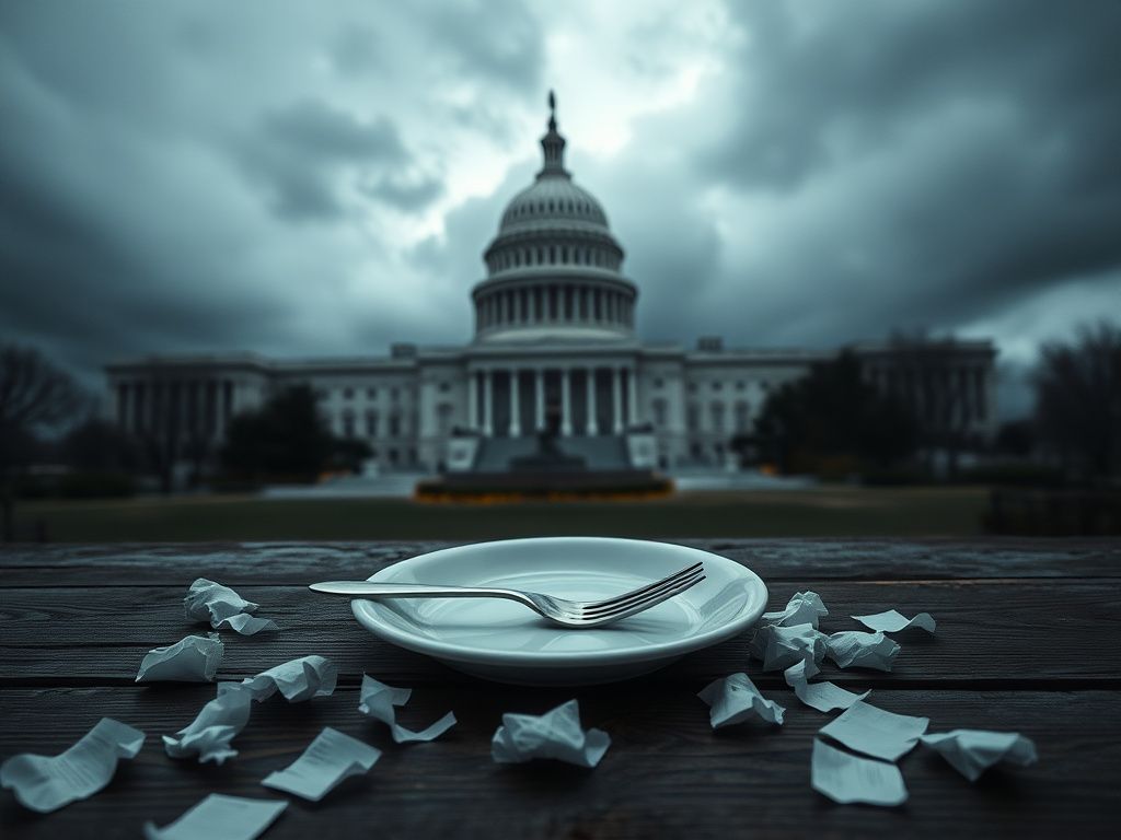 Flick International A dramatic view of the U.S. Capitol building shrouded in dark clouds with an empty plate symbolizing hunger and political conflict