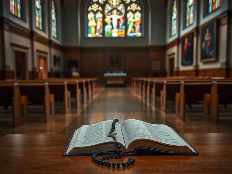 Flick International A reflective scene in a grand Catholic hospital chapel with stained glass windows