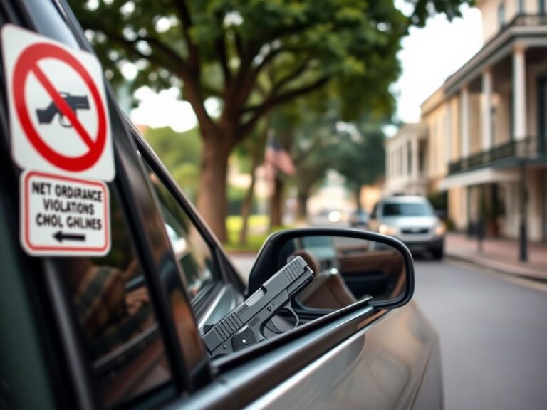 Flick International Close-up of an unlocked car door with a handgun visible on the passenger seat amid 'No Guns' warning signs.