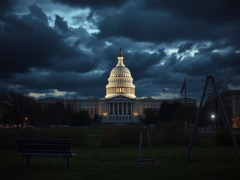 Flick International A somber urban landscape depicting the U.S. Capitol building at dusk surrounded by dark clouds