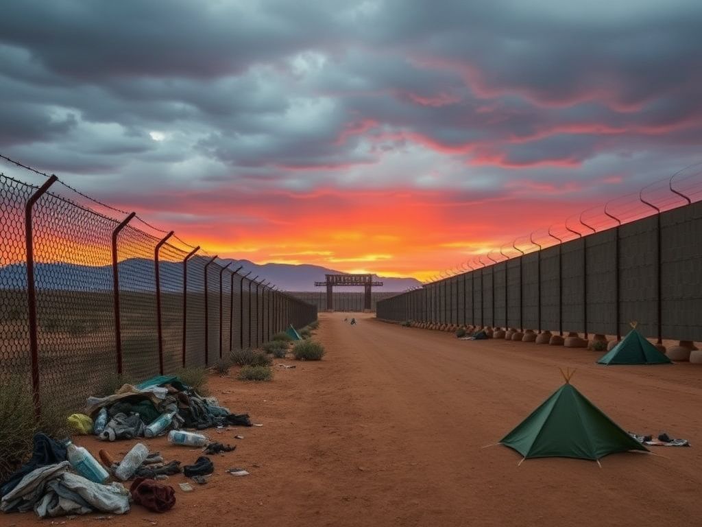 Flick International A vast view of the U.S.-Mexico border featuring chain-link fences and desert flora.