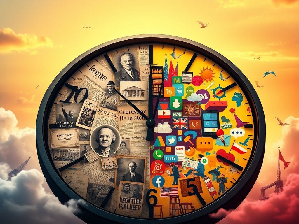 Flick International A divided clock illustrating generational differences in American politics with earth tones and modern colors