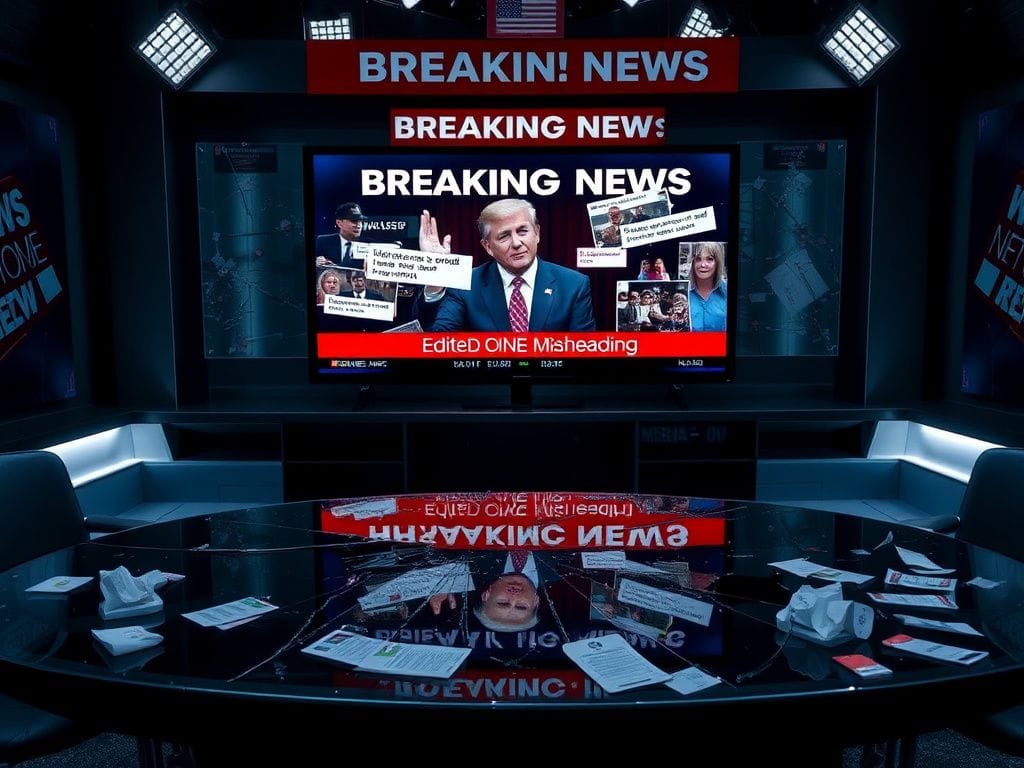 Flick International Darkened newsroom with television displaying edited speech clips