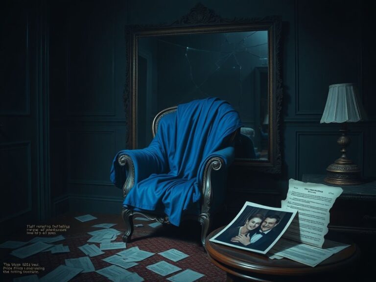 Flick International Dimly lit room with ornate armchair and cracked mirror reflecting secrecy and betrayal