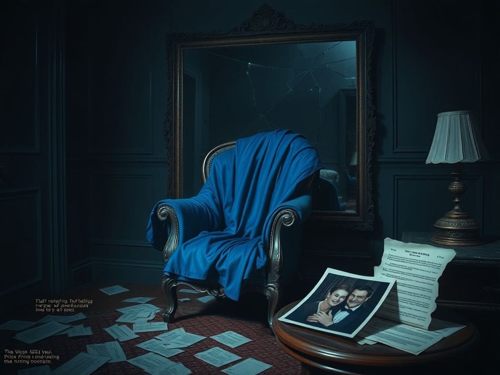 Flick International Dimly lit room with ornate armchair and cracked mirror reflecting secrecy and betrayal