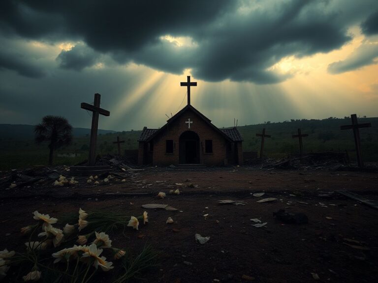 Flick International A burnt-down church in Nigeria with wilted flowers and broken crosses symbolizing the devastation faced by Christians from Boko Haram.