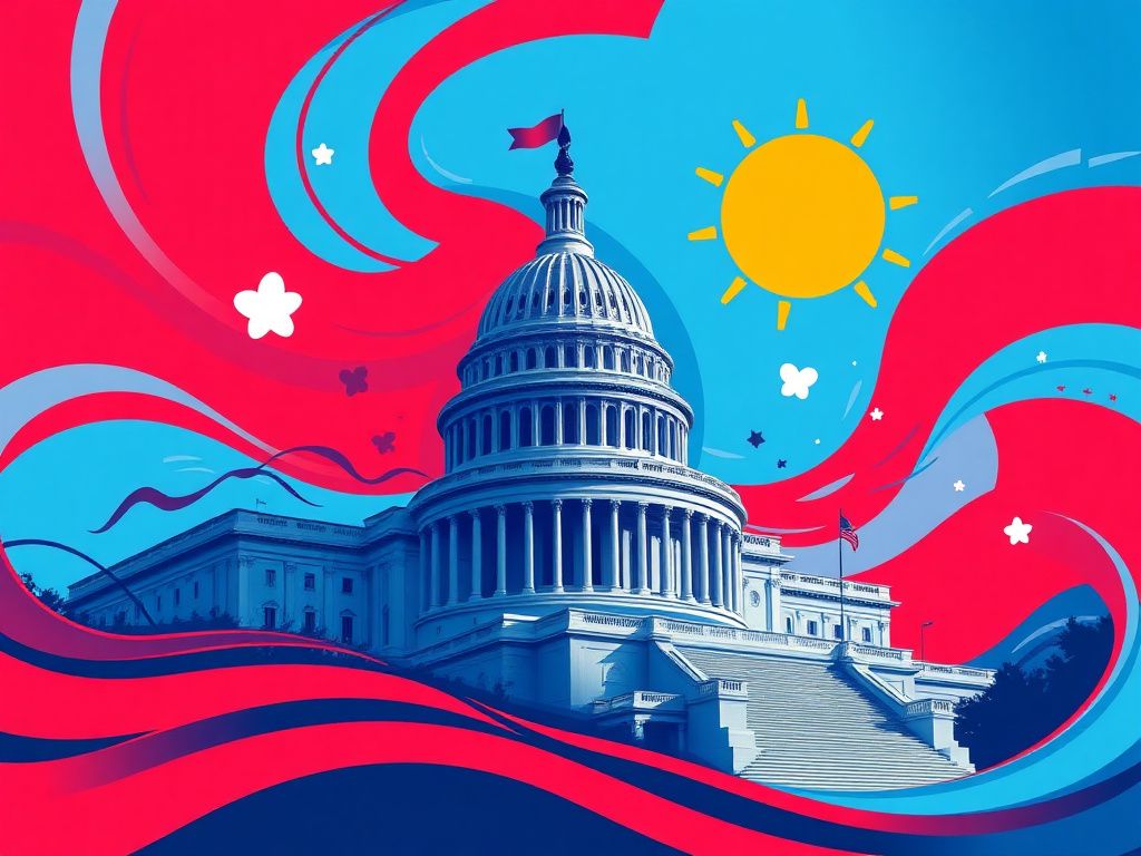 Flick International Stylized depiction of the U.S. Capitol building with vibrant colors symbolizing political activism