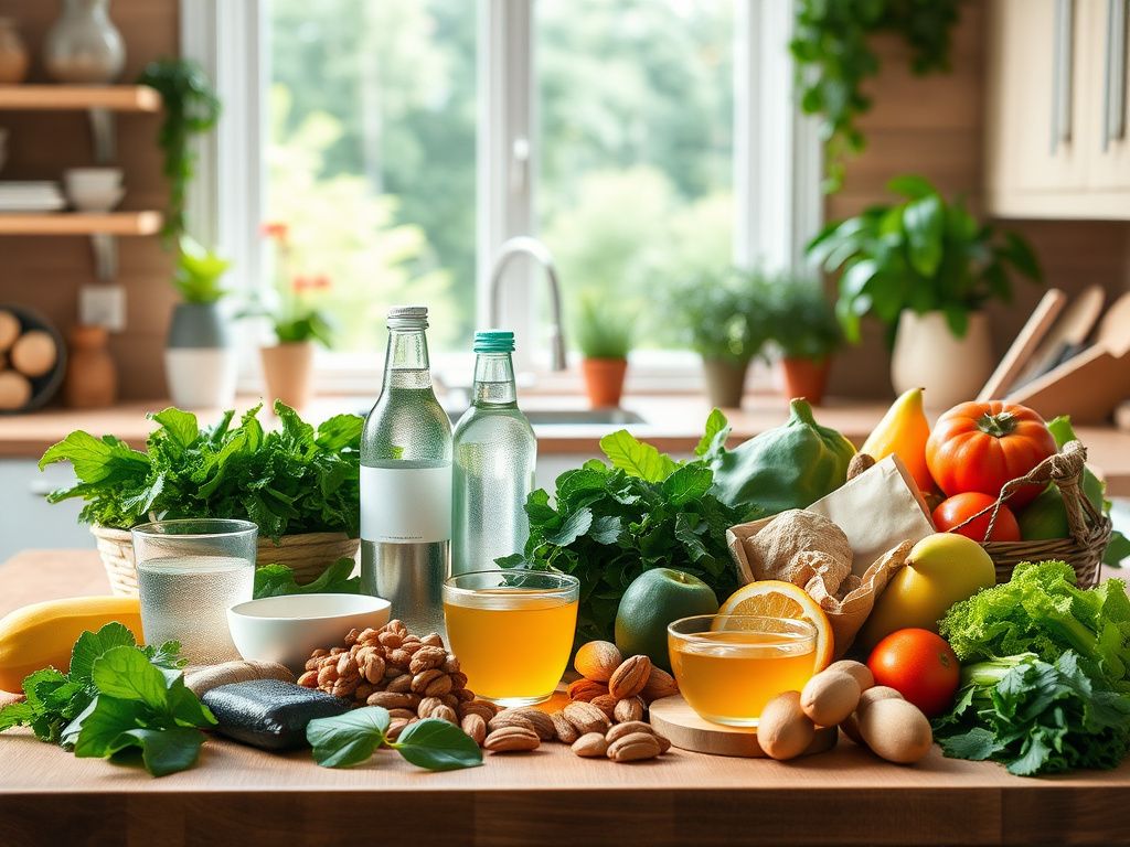 Flick International Tranquil kitchen scene with fresh, alkaline-rich foods promoting gut health.