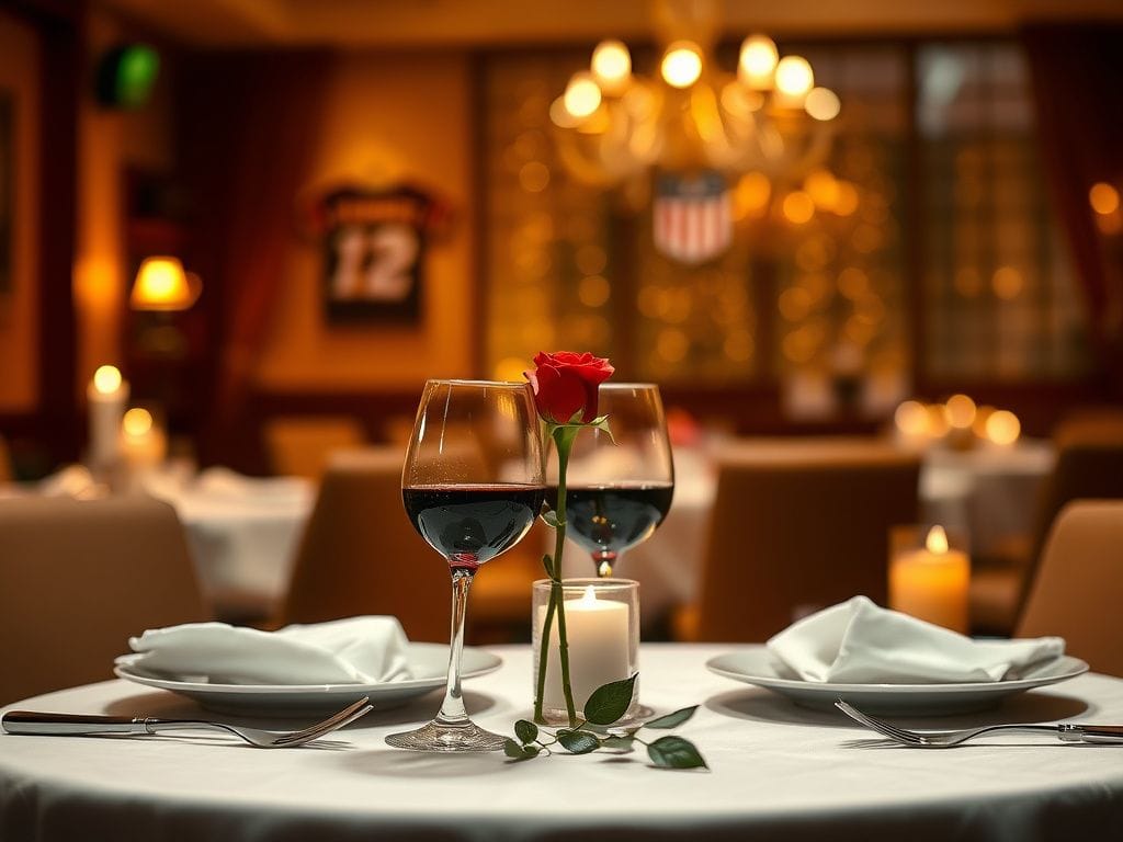 Flick International Romantic dinner setting with candles and wine in an intimate restaurant