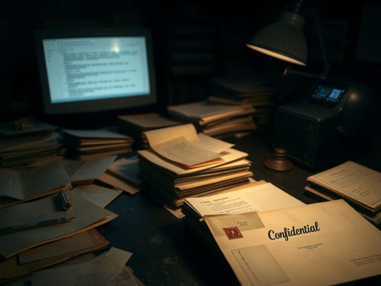 Flick International Dimly lit room filled with stacks of old, dusty documents and a vintage desk lamp