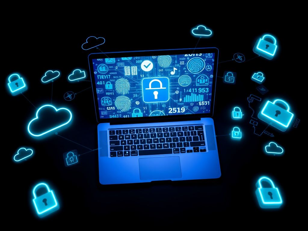 Flick International Digital flat lay of a MacBook showcasing encrypted symbols and biometric icons