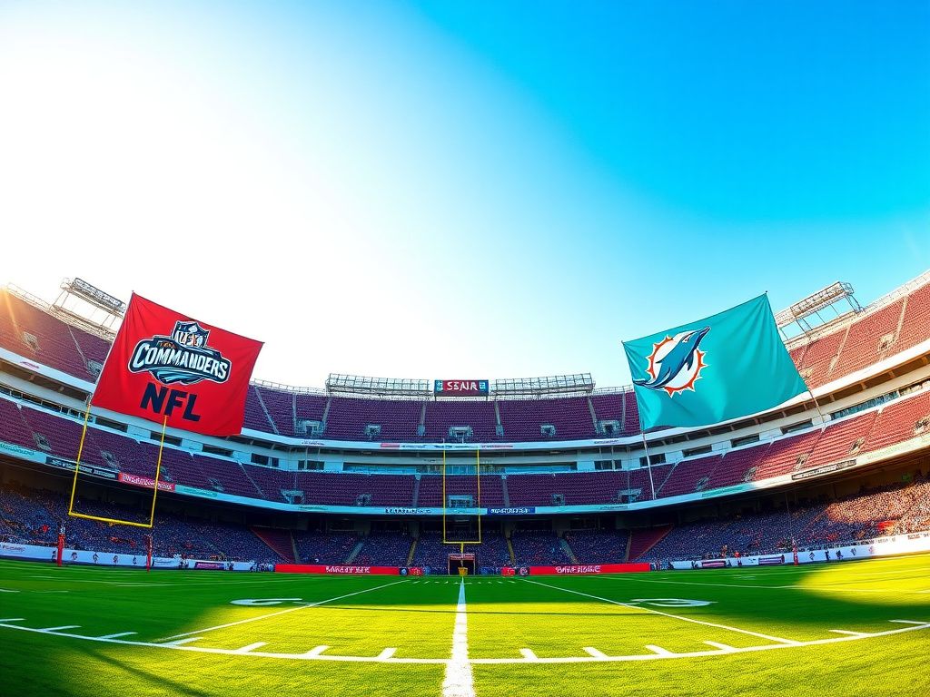 Flick International Panoramic view of Santiago Bernabéu Stadium with NFL team banners for Commanders and Dolphins