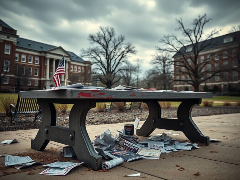 Flick International Weathered outdoor table with scattered promotional materials post disruption on university campus