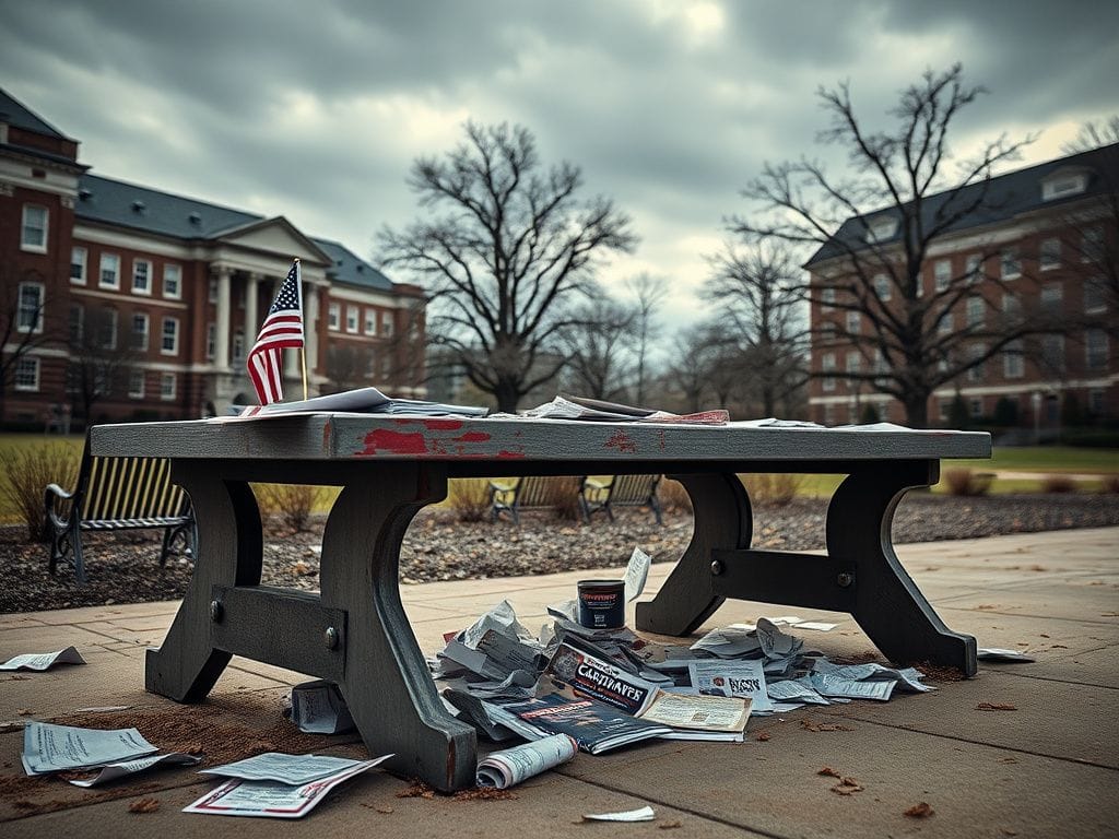 Flick International Weathered outdoor table with scattered promotional materials post disruption on university campus