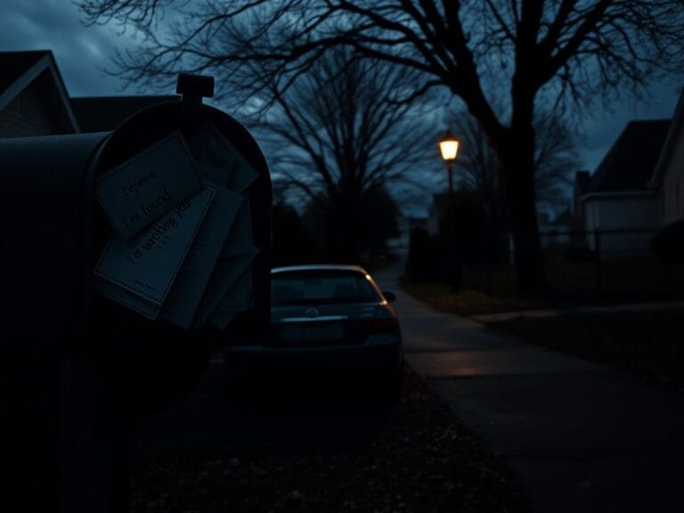 Flick International A shadowy street scene with a cracked mailbox and unsettling letters, representing fear and stalking.