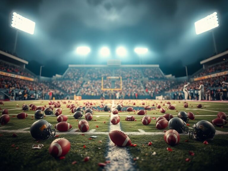 Flick International Chaotic aftermath of a college football halftime melee with discarded helmets and turf