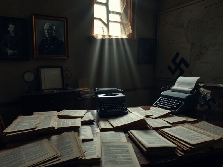 Flick International A dimly lit room filled with aged documents and a typewriter hinting at WWII secrets.