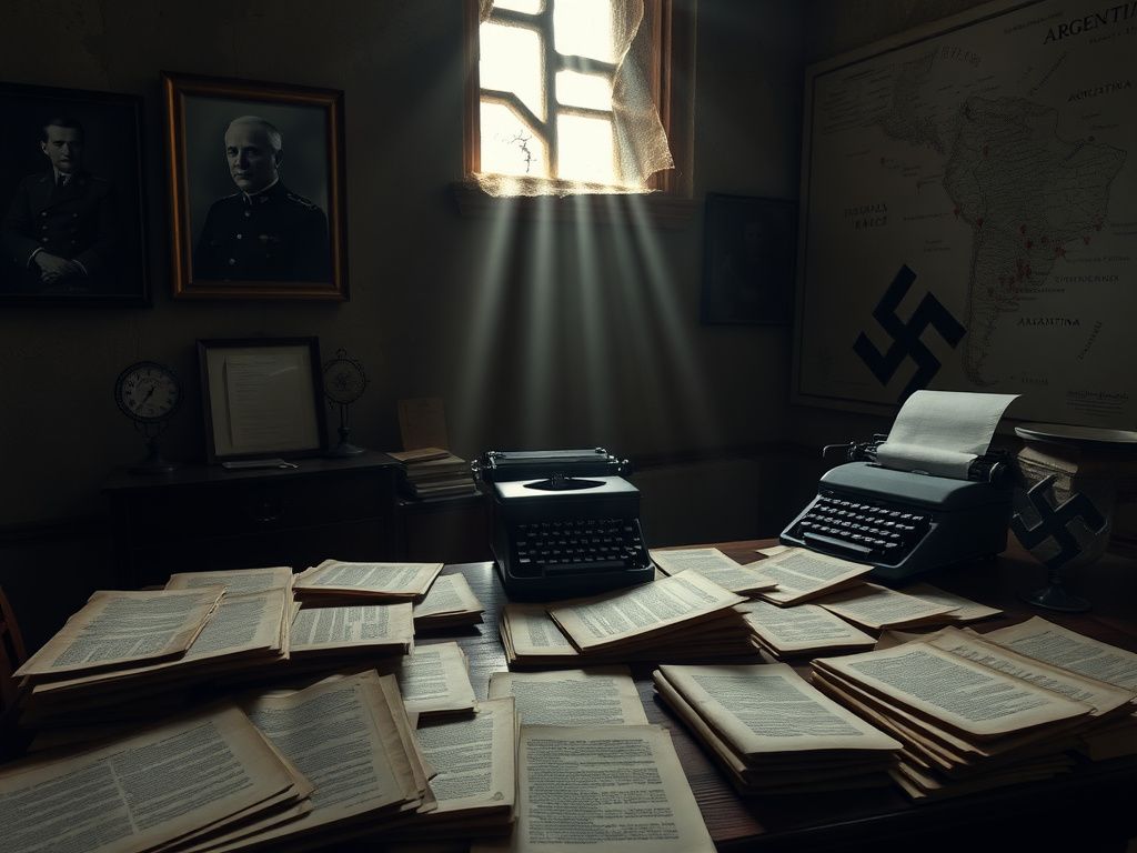 Flick International A dimly lit room filled with aged documents and a typewriter hinting at WWII secrets.