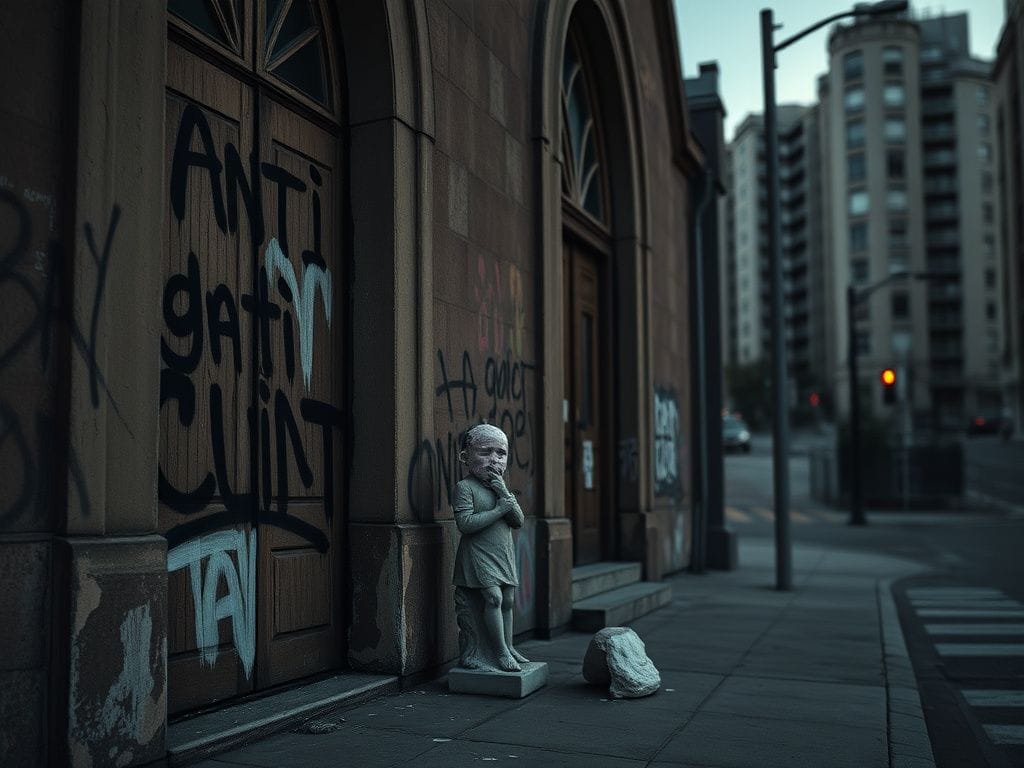 Flick International Close-up view of a weathered church facade with illegible graffiti and rainbow paint smudges