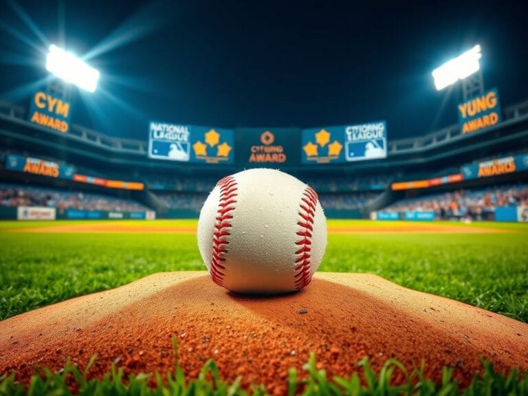 Flick International A baseball resting on the pitcher's mound under bright stadium lights celebrating the Cy Young Award
