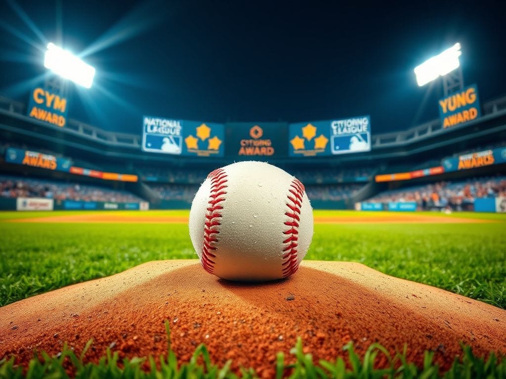 Flick International A baseball resting on the pitcher's mound under bright stadium lights celebrating the Cy Young Award