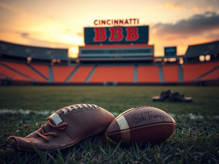 Flick International A vintage football field at sunset with a worn football and cleats, honoring Bob Trumpy