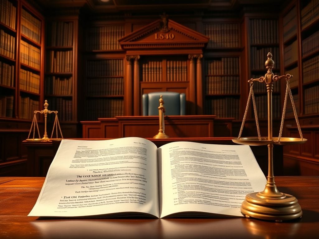 Flick International Dramatic courtroom scene featuring a large wooden judge's bench and legal texts in the background.