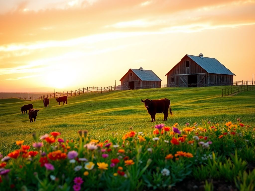 Flick International Serene Texas ranch landscape at sunset with grazing cattle and vibrant wildflowers